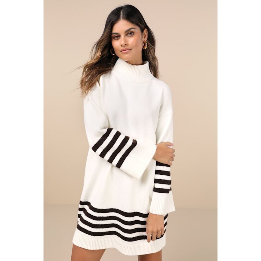 Lulus Comfiest Cutie Ivory Striped Mock Neck Mini Sweater Dress White - Size M
